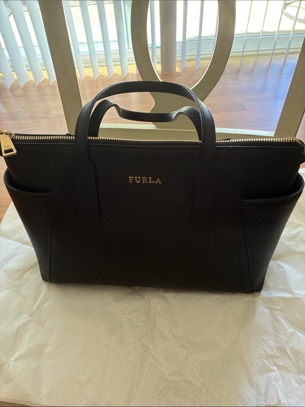 Furla Black Leather Satchel with Gold Hardware